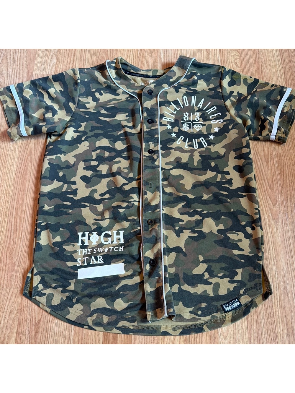 Billionaires Club Camo Baseball Jersey Button Up Size Large AS IS
